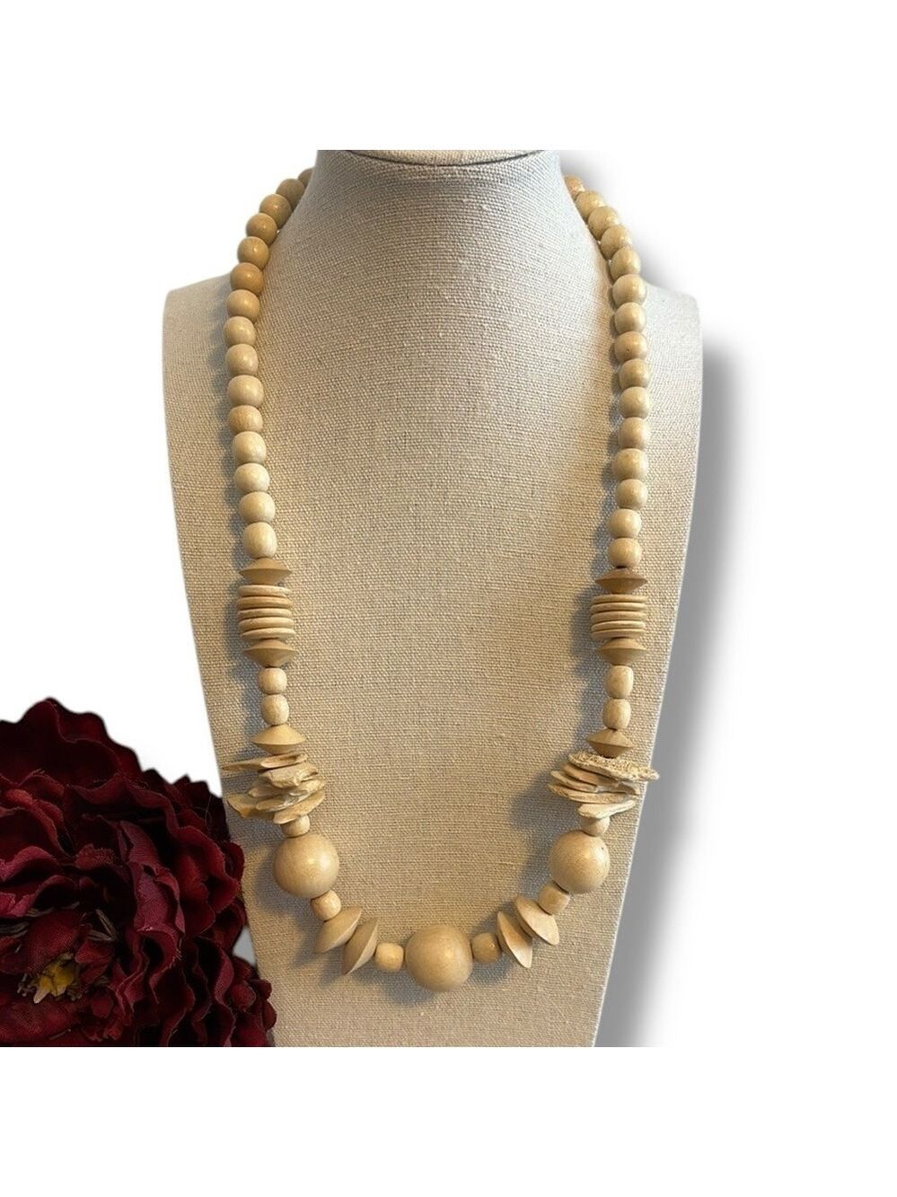 Vintage Boho Wood Bead Necklace Neutral Tan & Cream